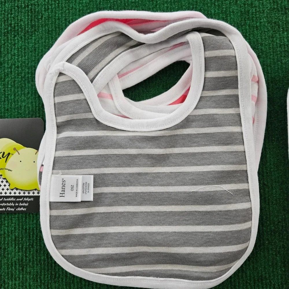 Hanes Ultimate Flexy‎ Baby Bibs 8 Pack Pink Stripe Gray White Soft Cotton Blend